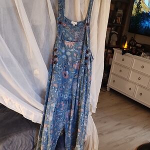 Easel Blue Floral Overalls Size S